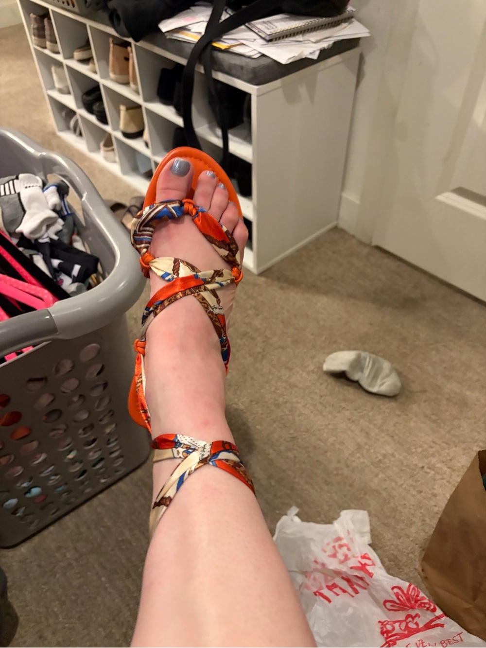 Women's Orange Strappy Sandals with Multicolor Scarf Tie